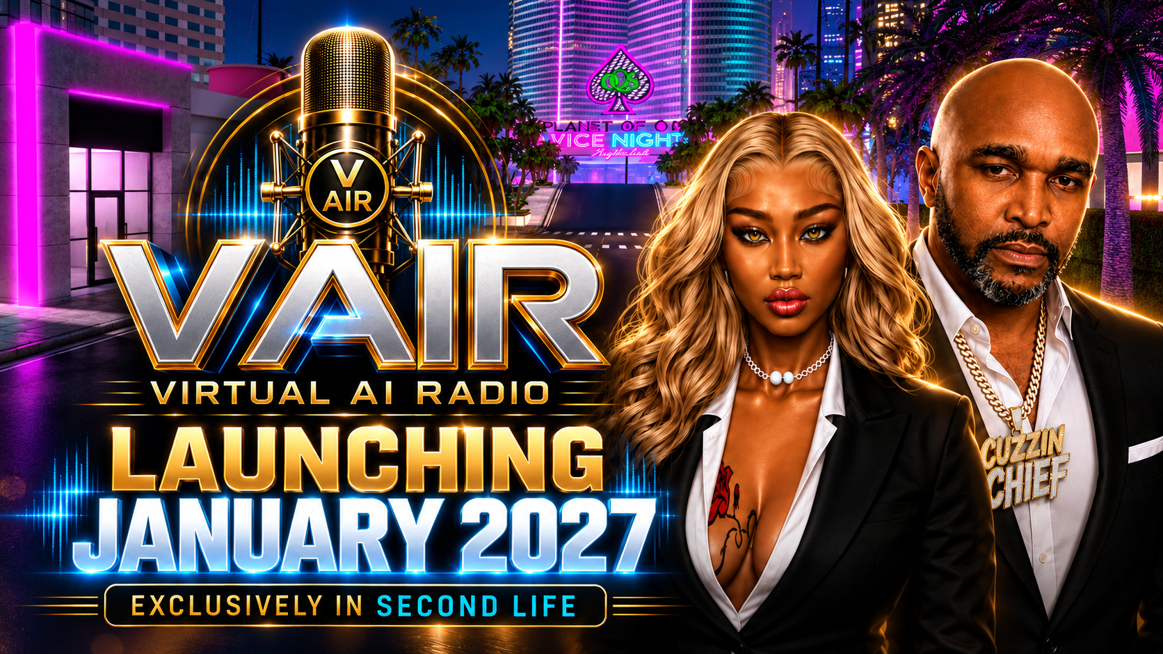 Concept artwork for Virtual AI Radio (VAIR) showing the station branding, a vintage microphone and the January 2027 launch announcement