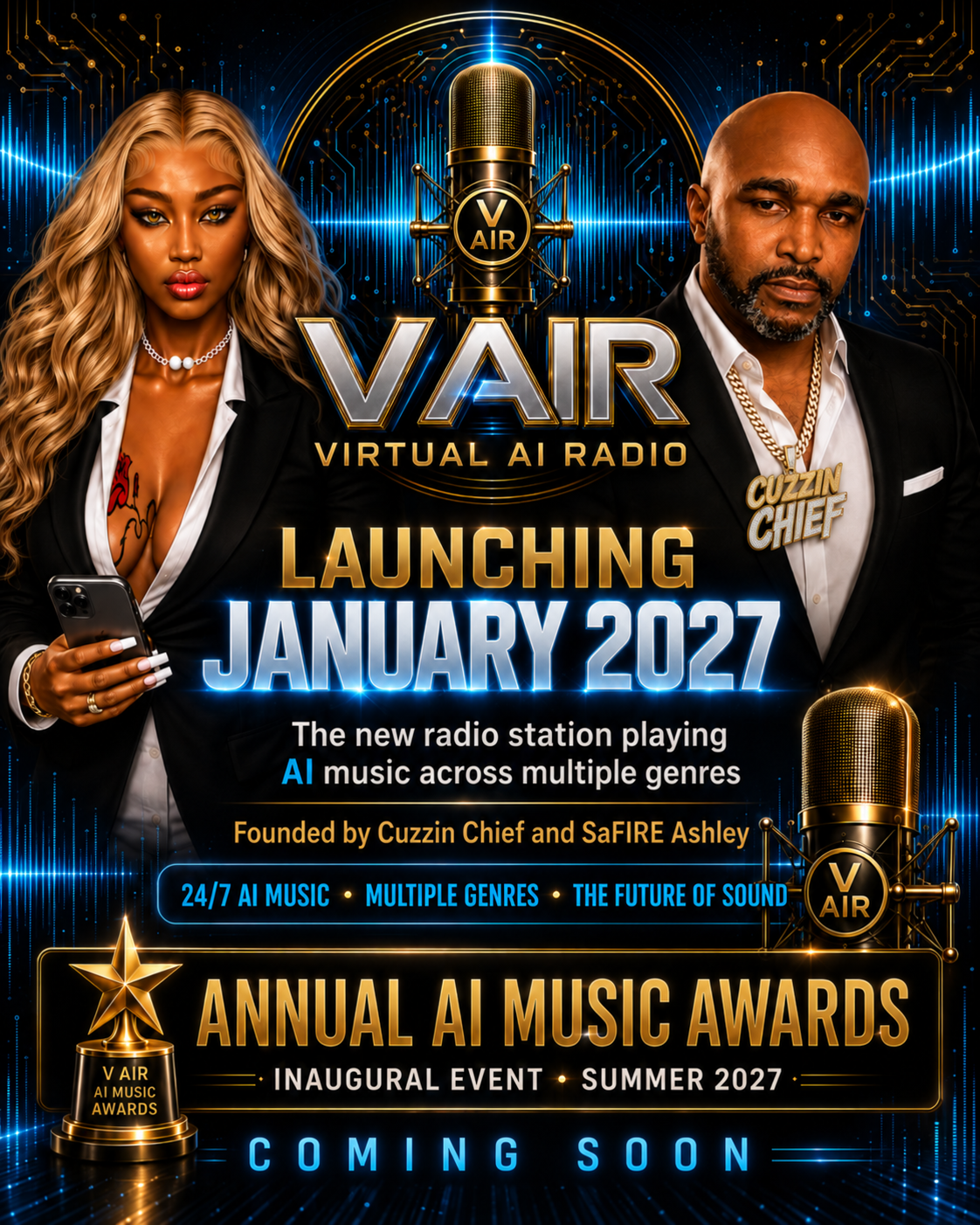 VAIR launch poster — launching January 2027, with the inaugural Annual AI Music Awards in summer 2027