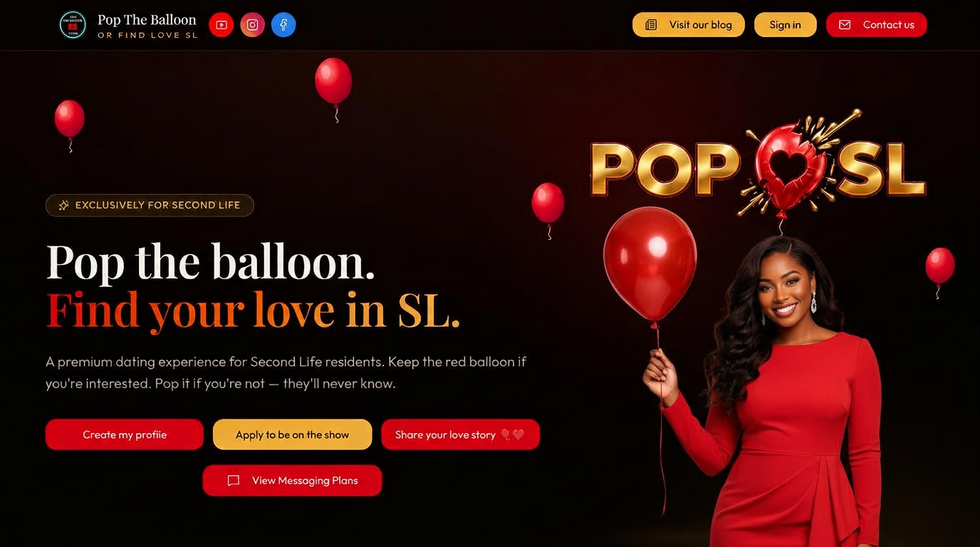 Landing page of the Pop The Balloon or Find Love SL dating website, showing its logo, headline and balloons artwork