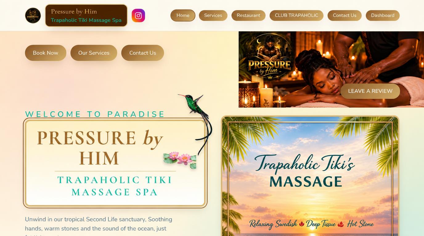 Landing page of the Pressure by Him – Trapaholic Tiki Massage Spa website, showing its tropical branding and booking buttons